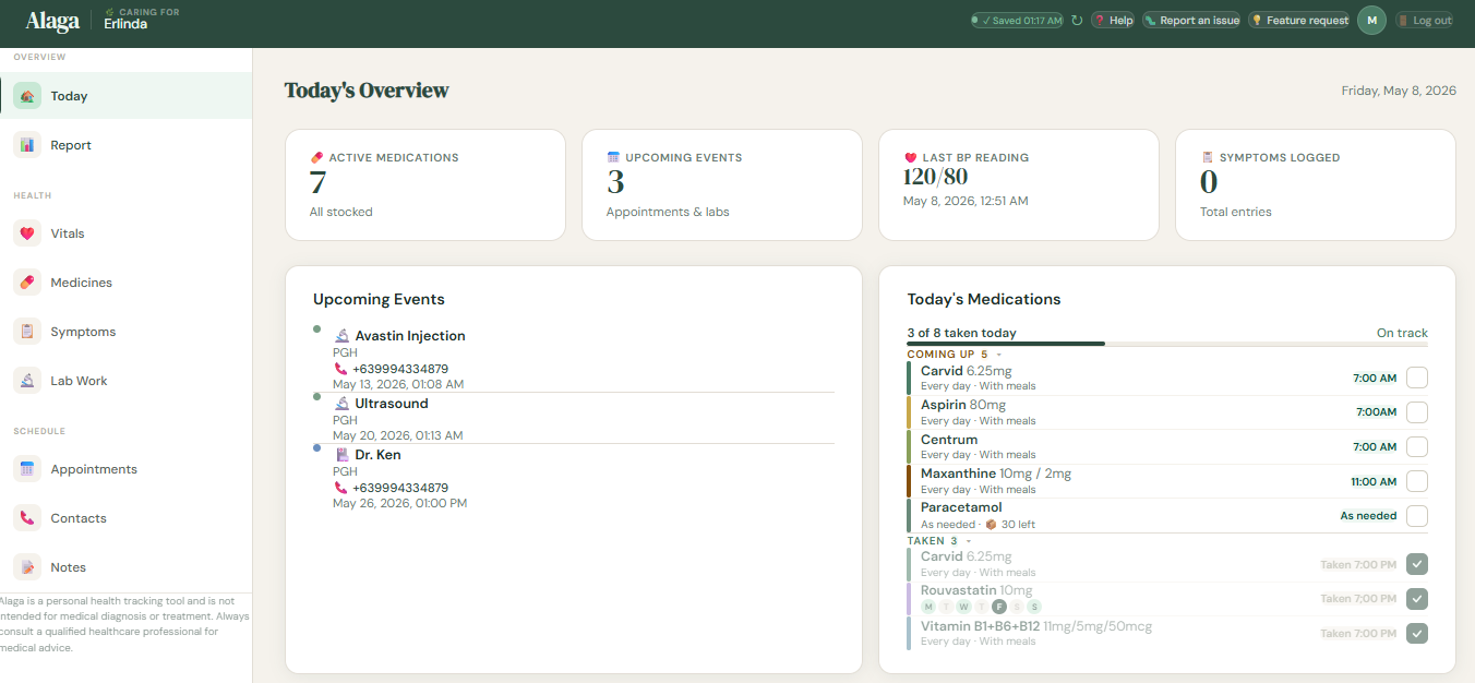Alaga app dashboard — today's medications and upcoming appointments