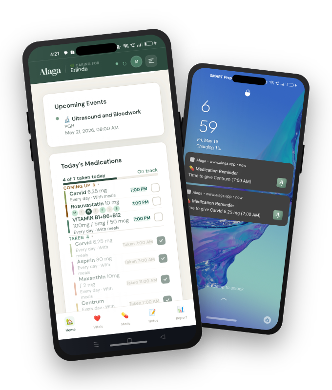 Alaga app on Android and iPhone — medications and push notifications